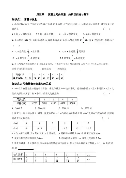 北师大版七年级下册第三章变量之间的关系知识点归纳与复习