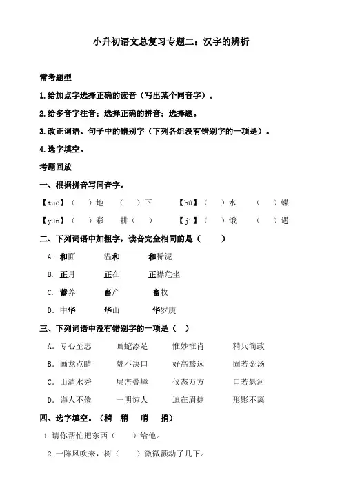部编版小升初语文总复习专项练习：专题二 汉字的辨析(含答案)