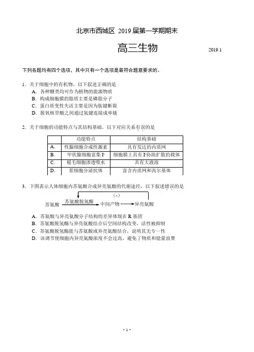 北京市西城区2019届第一学期期末试卷高三生物含答案