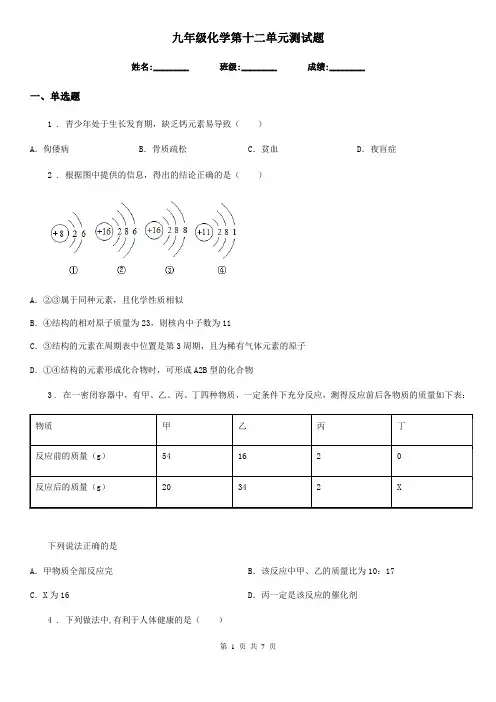九年级化学第十二单元测试题