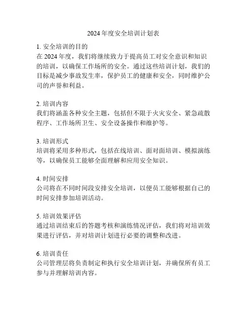 2024年度安全培训计划表