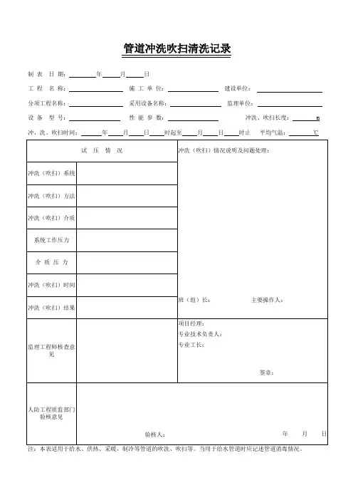 管道冲洗吹扫清洗记录
