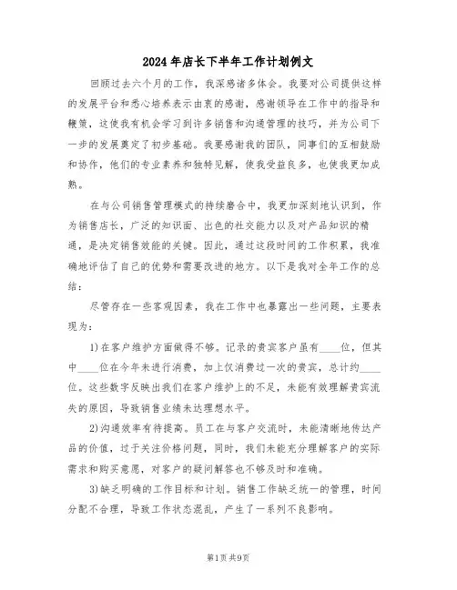 2024年店长下半年工作计划例文（四篇）