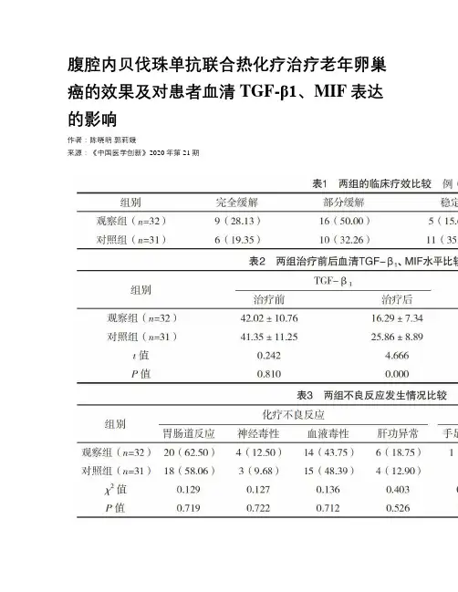 腹腔内贝伐珠单抗联合热化疗治疗老年卵巢癌的效果及对患者血清TGF-β1、MIF表达的影响