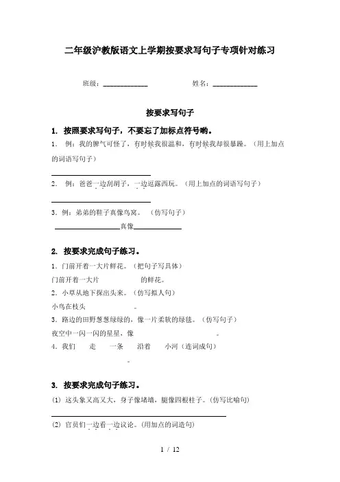 二年级沪教版语文上学期按要求写句子专项针对练习