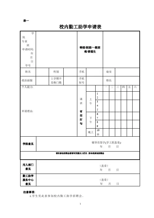 校内勤工助学申请表