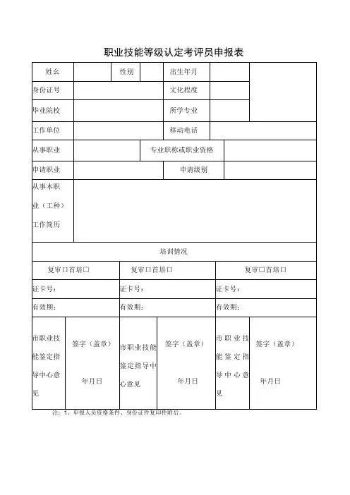 职业技能等级认定考评员申报表