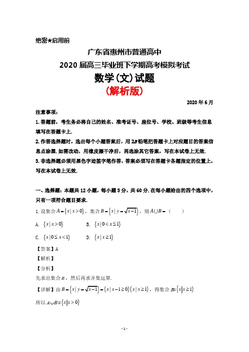2020年6月广东省惠州市普通高中2020届高三毕业班高考模拟考试数学(文)试题(解析版)
