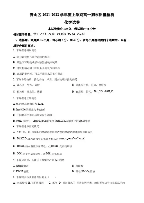 2021-2022学年湖北省武汉市青山区高一上学期期末考试化学试卷含详解