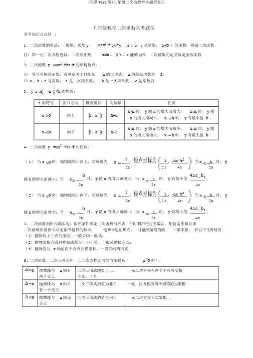 (完整word版)九年级二次函数常考题型复习