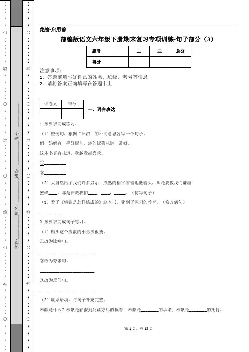 部编版语文六年级下册期末复习专项训练-句子部分(3)