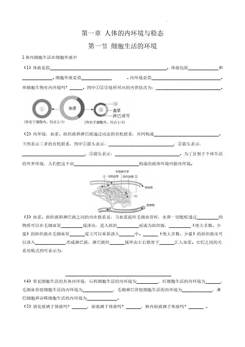 第1章 人体的内环境与稳态(填空版)-备战2024年高考生物必背知识清单
