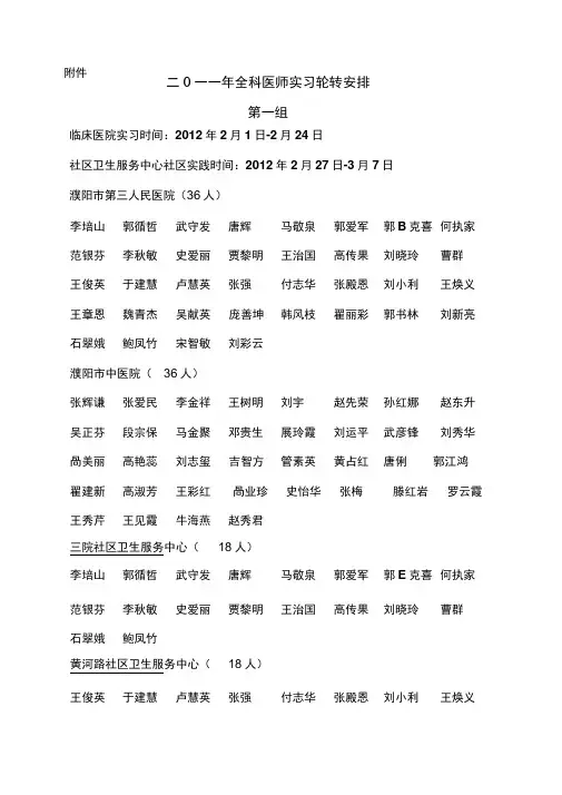 全科医师实习安排表摘要