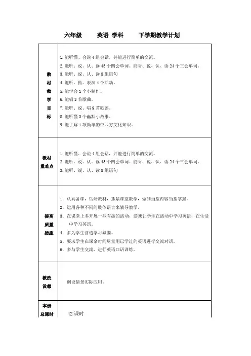 精通版小学英语六年级下册教案全册