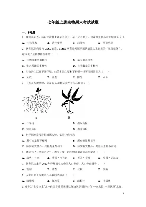 七年级上册生物期末考试试题带答案