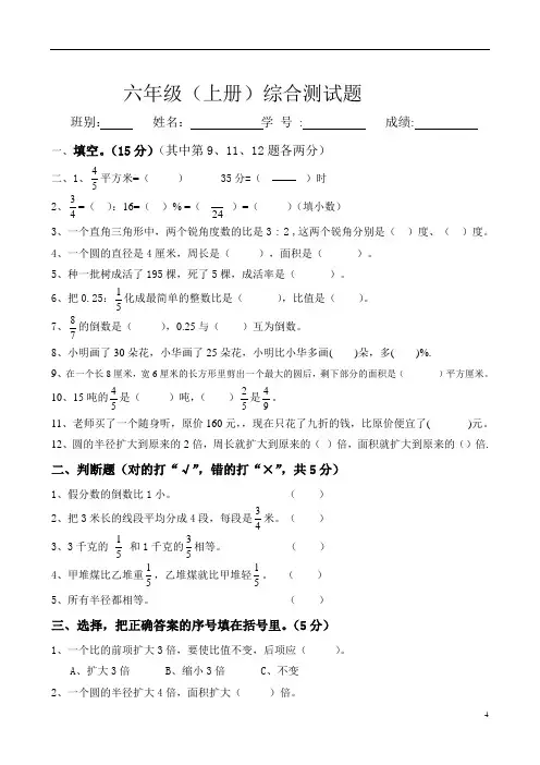 人教版六年级数学上册综合训练试卷
