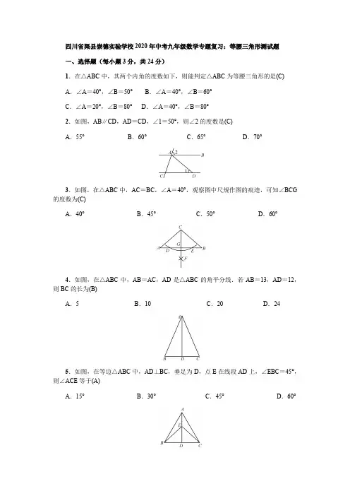 四川省渠县崇德实验学校2020年中考九年级数学专题复习：等腰三角形测试试题(含答案)