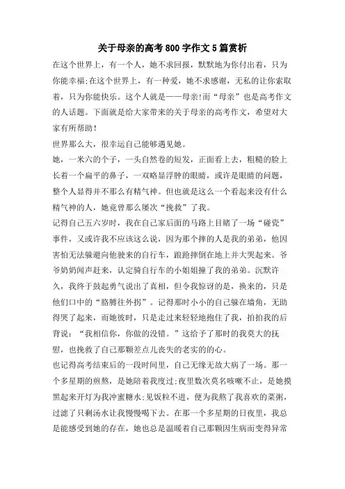 关于母亲的高考800字作文5篇赏析
