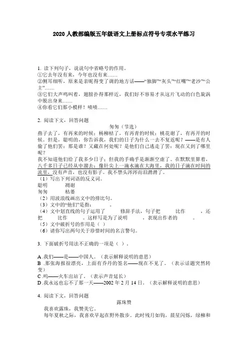 2020人教部编版五年级语文上册标点符号专项水平练习