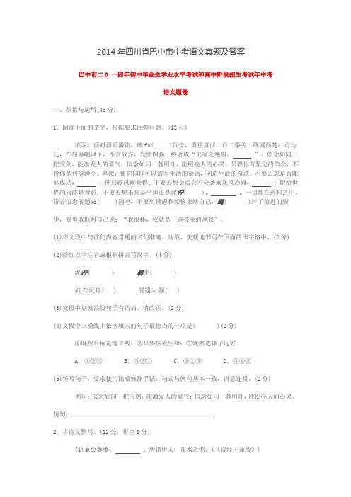 2014年四川省巴中市中考语文真题及答案