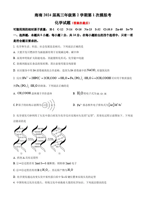 海南省2024届高三下学期第一次模拟考试 化学含答案