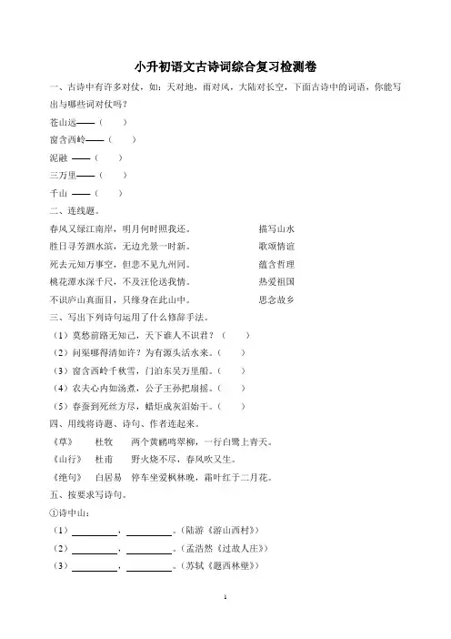 小升初语文古诗词综合复习检测卷(含答案)