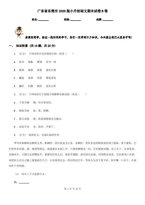 广东省东莞市2020版小升初语文期末试卷B卷