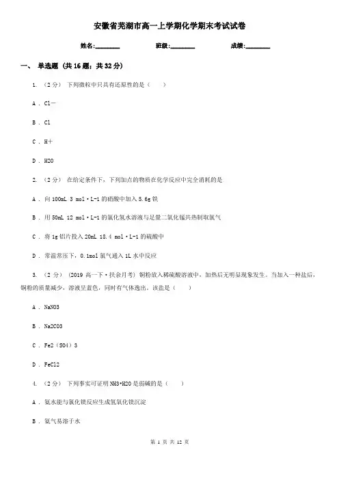 安徽省芜湖市高一上学期化学期末考试试卷