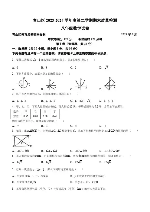 湖北省武汉市青山区2023-2024学年八年级下学期期末数学试题(含答案)