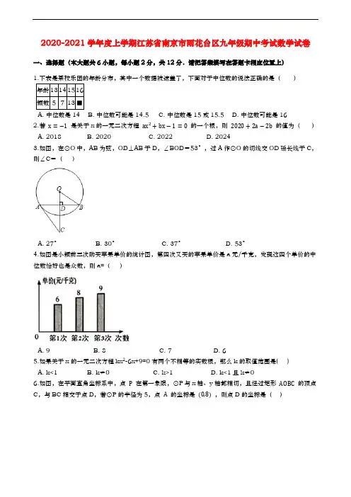2020-2021学年度上学期江苏省南京市雨花台区九年级期中考试数学试卷(含解答)