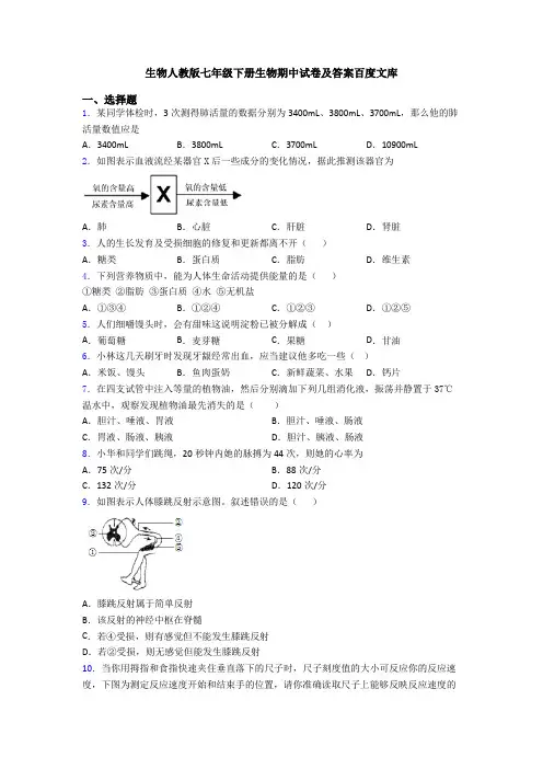 生物人教版七年级下册生物期中试卷及答案百度文库