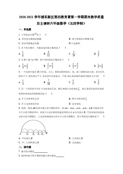 2020-2021学年上海市浦东新区第四教育署六年级上学期期末考数学卷含详解