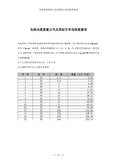 电线电缆重量公司及国标百米电线重量表
