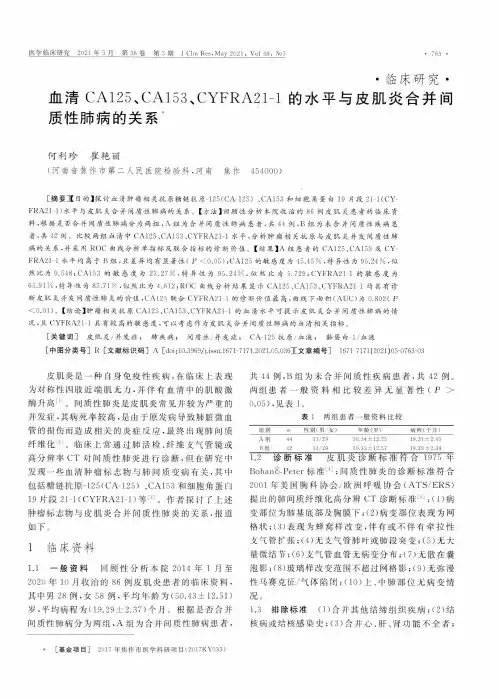 血清CA125、CA153、CYFRA21-1的水平与皮肌炎合并间质性肺病的关系