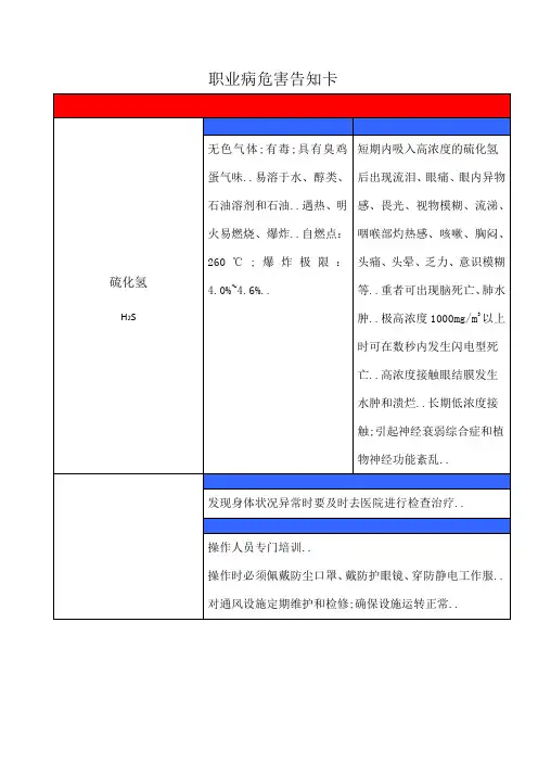 硫化氢职业病危害告知卡