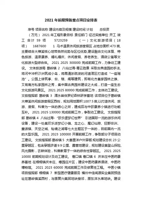 2021年前期预备重点项目安排表