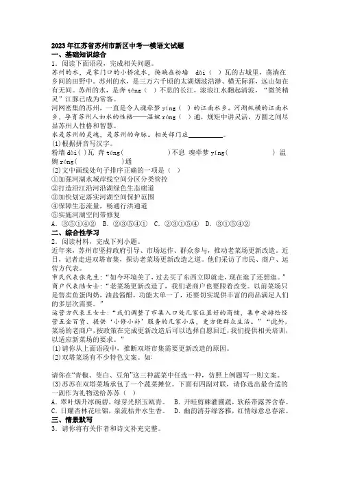 2023年江苏省苏州市新区中考一模语文试题