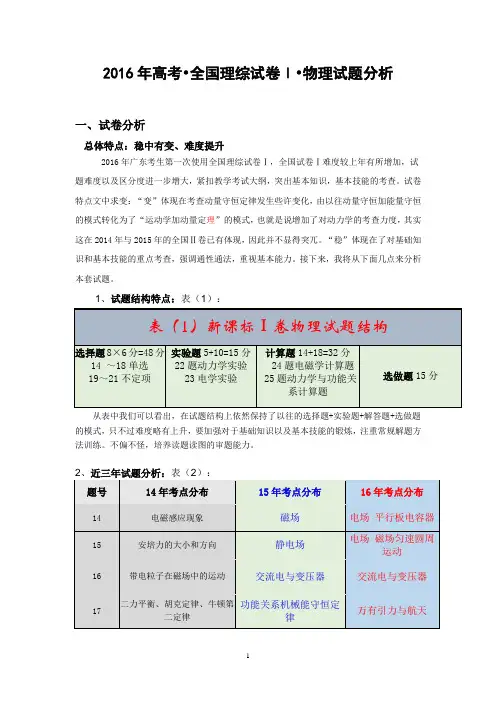 2016年全国卷Ⅰ物理分析及三年考点分布