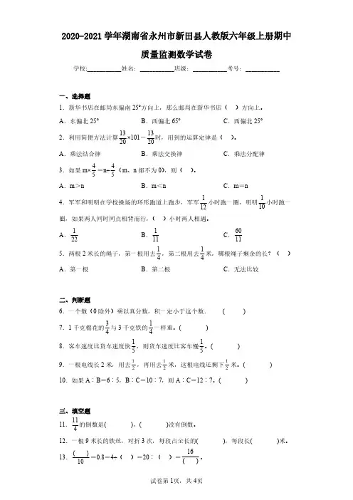 2020-2021学年湖南省永州市新田县人教版六年级上册期中质量监测数学试卷(含答案解析)