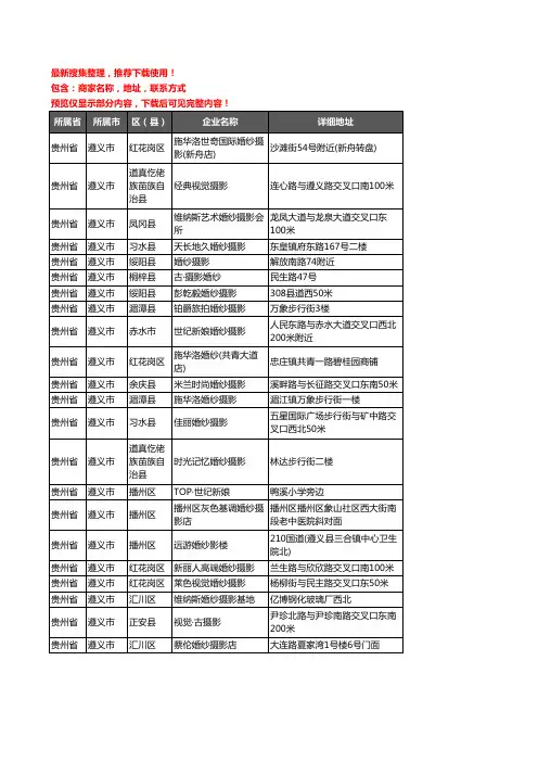新版贵州省遵义市婚纱摄影企业公司商家户名录单联系方式地址大全178家