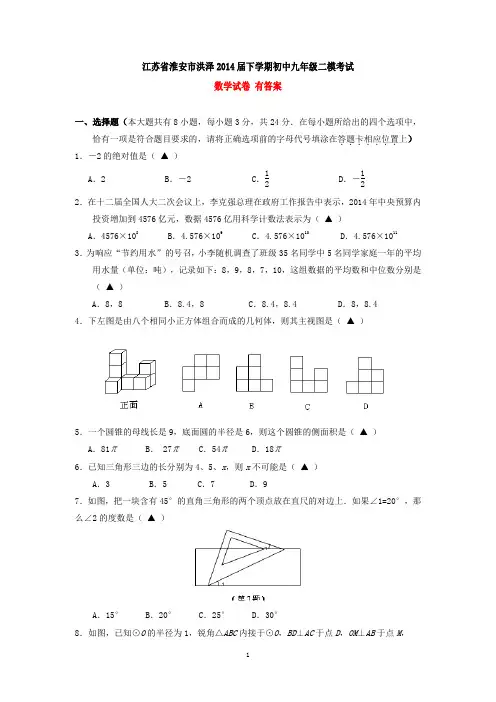 江苏省淮安市洪泽2014届下学期初中九年级二模考试数学试卷