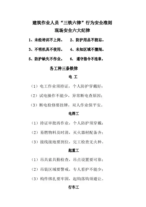 建筑作业人员“三铁六律”行为安全准则
