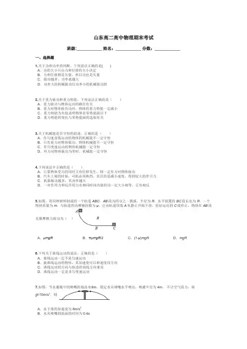 山东高二高中物理期末考试带答案解析

