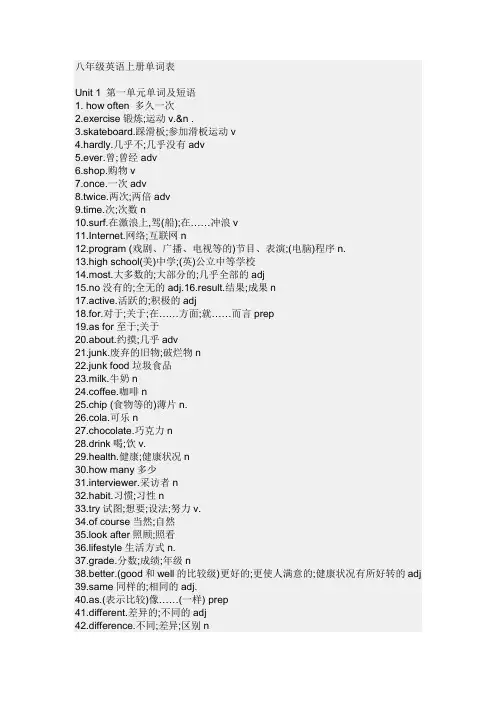 人教版八年级上册英语单词表(带汉语完整版)