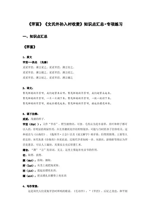 《芣苢》《文氏外孙入村收麦》知识点汇总+专项-高中语文课内古诗文知识点详解+专项练习(新教材统编版)
