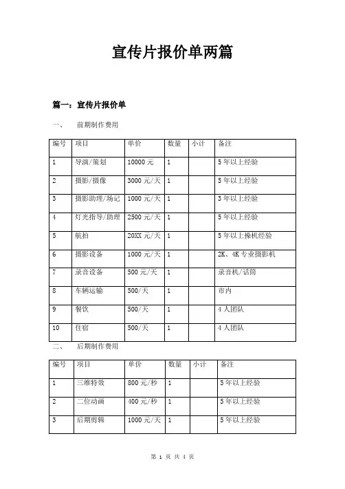宣传片报价单两篇