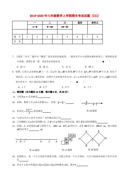 2019-2020年七年级数学上学期期末考试试题 (III)