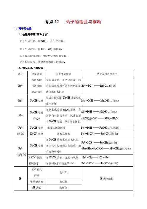 高考化学考点12 离子的检验与推断
