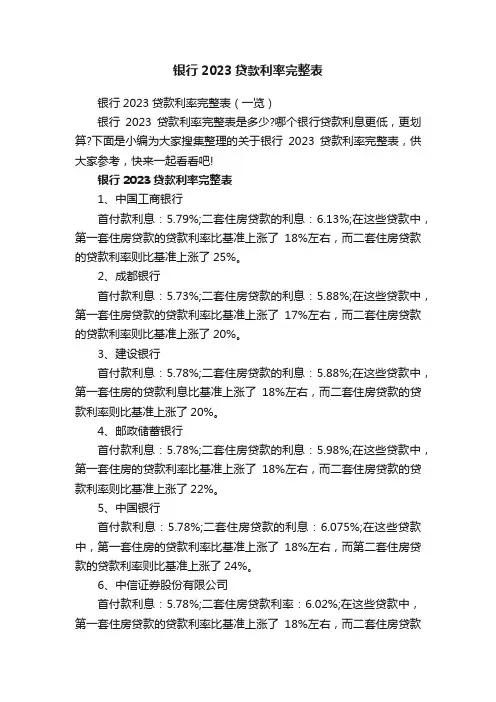 银行2023贷款利率完整表