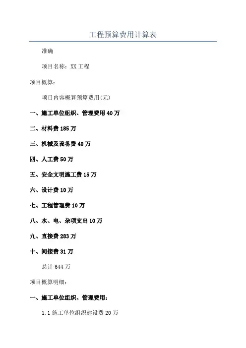 工程预算费用计算表